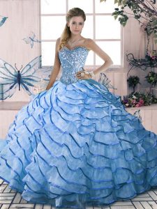 Enchanting Blue Sleeveless Beading and Ruffles Lace Up Vestidos de Quinceanera