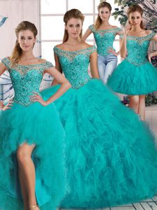 Popular Aqua Blue Quinceanera Gown Off The Shoulder Long Sleeves Brush Train Lace Up