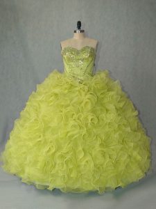 Yellow Green Sweetheart Lace Up Beading and Ruffles Ball Gown Prom Dress Brush Train Sleeveless