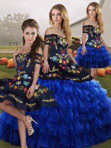 Delicate Blue And Black Lace Up Quinceanera Gown Embroidery and Ruffled Layers Sleeveless Floor Length