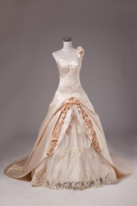 Gorgeous Champagne Lace Up 15th Birthday Dress Embroidery and Hand Made Flower Sleeveless Brush Train