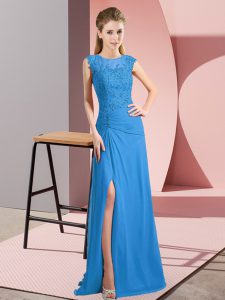 Blue Sleeveless Floor Length Lace and Appliques Zipper