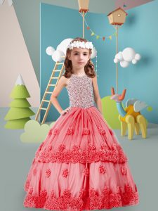 Floor Length Zipper Little Girls Pageant Dress Wholesale Coral Red for Wedding Party with Beading and Hand Made Flower
