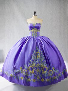 Sleeveless Satin Floor Length Lace Up Sweet 16 Quinceanera Dress in Purple with Embroidery