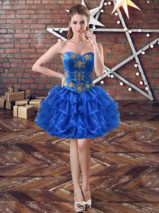 Beautiful Royal Blue Ball Gowns Organza Sweetheart Sleeveless Embroidery and Ruffled Layers Mini Length Lace Up Homecomi
