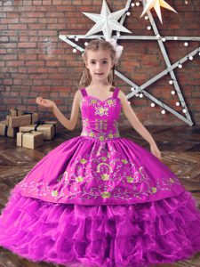 High Class Satin and Organza Straps Sleeveless Lace Up Embroidery and Ruffled Layers Pageant Dress for Girls in Lilac