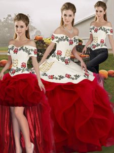 White And Red Ball Gown Prom Dress Military Ball and Sweet 16 and Quinceanera with Embroidery and Ruffles Off The Should