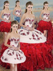 White And Red Ball Gowns Embroidery and Ruffles and Bowknot Vestidos de Quinceanera Lace Up Organza Sleeveless Floor Len
