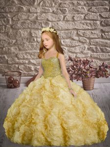 Gold Ball Gowns Beading Little Girl Pageant Dress Lace Up Fabric With Rolling Flowers Sleeveless