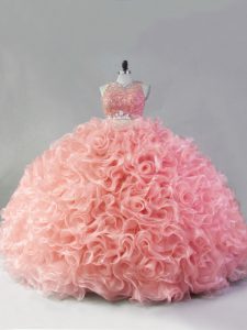 Designer Pink Sleeveless Floor Length Beading and Ruffles Zipper Quinceanera Gowns