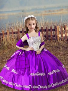 Purple Satin Lace Up Straps Sleeveless Floor Length Little Girl Pageant Gowns Beading and Embroidery