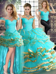 Aqua Blue Off The Shoulder Lace Up Beading and Ruffled Layers Ball Gown Prom Dress Sleeveless