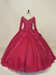 Pretty Red Lace Up Quinceanera Gowns Lace and Appliques Long Sleeves Floor Length