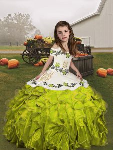 Fashionable Floor Length Lace Up Little Girls Pageant Dress Olive Green for Party and Wedding Party with Embroidery and 