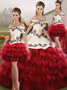 Fine Wine Red Ball Gowns Off The Shoulder Sleeveless Organza Floor Length Lace Up Embroidery and Ruffled Layers 15 Quinc