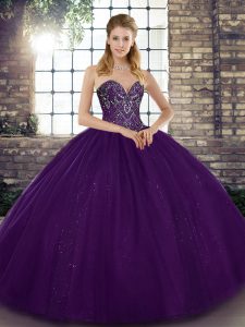 Fantastic Purple Ball Gowns Tulle Sweetheart Sleeveless Beading Floor Length Lace Up Quince Ball Gowns