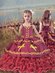 Superior Straps Sleeveless Lace Up Kids Formal Wear Wine Red Organza