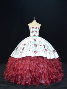 Burgundy Sweetheart Neckline Embroidery and Ruffles Quinceanera Dresses Sleeveless Lace Up