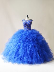 Spectacular Floor Length Royal Blue 15 Quinceanera Dress Scoop Sleeveless Lace Up