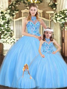 Baby Blue Ball Gowns Tulle Halter Top Sleeveless Embroidery Floor Length Lace Up Ball Gown Prom Dress
