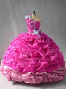 Fuchsia Organza Lace Up One Shoulder Sleeveless Floor Length Quinceanera Gowns Pick Ups and Hand Made Flower