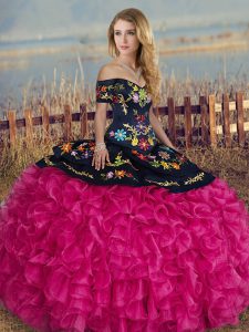 Off The Shoulder Short Sleeves Organza Sweet 16 Quinceanera Dress Embroidery and Ruffles Lace Up
