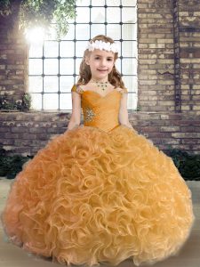 Custom Designed Sleeveless Fabric With Rolling Flowers Floor Length Lace Up Little Girls Pageant Dress Wholesale in Gold
