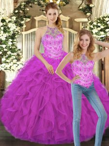 Beauteous Floor Length Lace Up Sweet 16 Dress Fuchsia for Military Ball and Sweet 16 and Quinceanera with Beading and Ru
