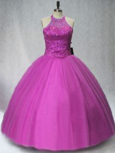 Purple Ball Gowns Halter Top Sleeveless Tulle Floor Length Lace Up Beading Quince Ball Gowns