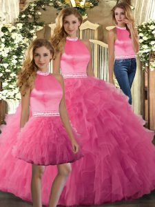 Hot Pink Sleeveless Floor Length Ruffles Backless Quinceanera Dress