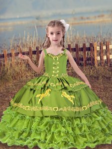 Olive Green Ball Gowns Beading and Embroidery and Ruffled Layers Pageant Dress Wholesale Lace Up Organza Sleeveless Floo
