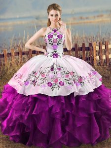 White And Purple Organza Lace Up Ball Gown Prom Dress Sleeveless Floor Length Embroidery and Ruffles
