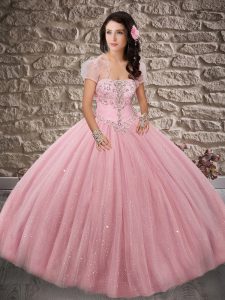 Beading Ball Gown Prom Dress Pink Lace Up Sleeveless Brush Train