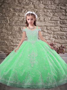 Green Pageant Gowns For Girls Lace Sweep Train Sleeveless Beading and Appliques