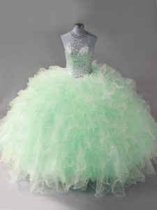 Inexpensive Apple Green Halter Top Neckline Beading and Ruffles Quinceanera Dresses Sleeveless Lace Up