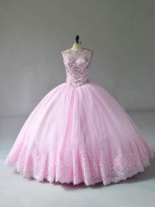 Baby Pink Lace Up Scoop Beading and Appliques Sweet 16 Dresses Tulle Sleeveless