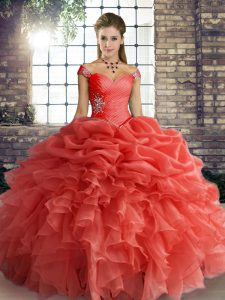 Exquisite Orange Red Sleeveless Beading and Ruffles and Pick Ups Floor Length Quinceanera Dresses