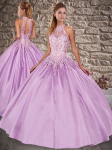 Brush Train Ball Gowns 15 Quinceanera Dress Lilac Halter Top Satin Sleeveless Lace Up