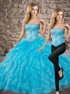 Baby Blue Vestidos de Quinceanera Organza and Lace Brush Train Sleeveless Beading and Ruffles