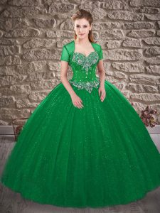 Affordable Dark Green Tulle Lace Up Sweet 16 Quinceanera Dress Sleeveless Brush Train Beading
