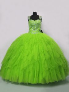 Straps Sleeveless Tulle Quinceanera Dresses Beading and Ruffles Lace Up