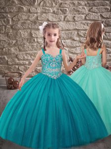 Teal Sleeveless Beading Lace Up Pageant Dress