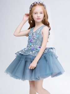 New Arrival Grey Sleeveless Mini Length Lace and Appliques Lace Up Flower Girl Dresses