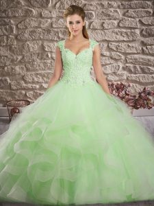Stunning Ball Gowns Tulle Straps Sleeveless Lace and Ruffles Lace Up Sweet 16 Dresses Brush Train