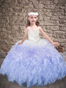 Lavender Sleeveless Sweep Train Beading and Ruffles Child Pageant Dress
