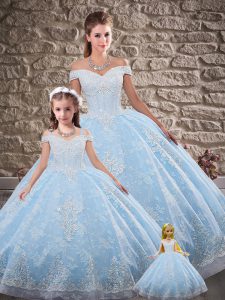 Latest Light Blue Tulle and Lace Lace Up Off The Shoulder Sleeveless Sweet 16 Dresses Brush Train Beading and Appliques
