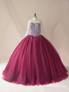 Burgundy Lace Up Scoop Beading Quinceanera Gown Tulle Long Sleeves Brush Train