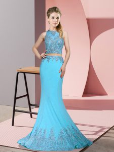 Edgy Satin Sleeveless Prom Dresses Sweep Train and Beading and Appliques