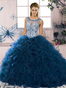 Fabulous Beading and Ruffles Vestidos de Quinceanera Navy Blue Lace Up Sleeveless Floor Length