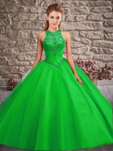 High-neck Sleeveless Brush Train Lace Up Quinceanera Gowns Green Tulle